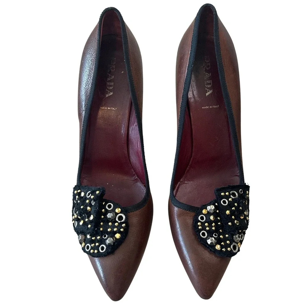 Prada Vintage Brown Leather Studded Grommet Bow Pumps Pointed Toe IT40 9.5